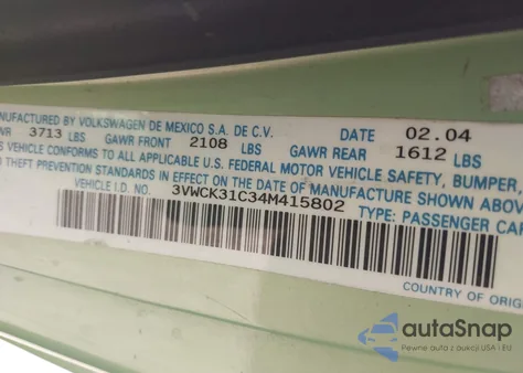 2004 Volkswagen New Beetle Gls 2.0L из США, поврежденный, VIN 3VWCK31C34M415802